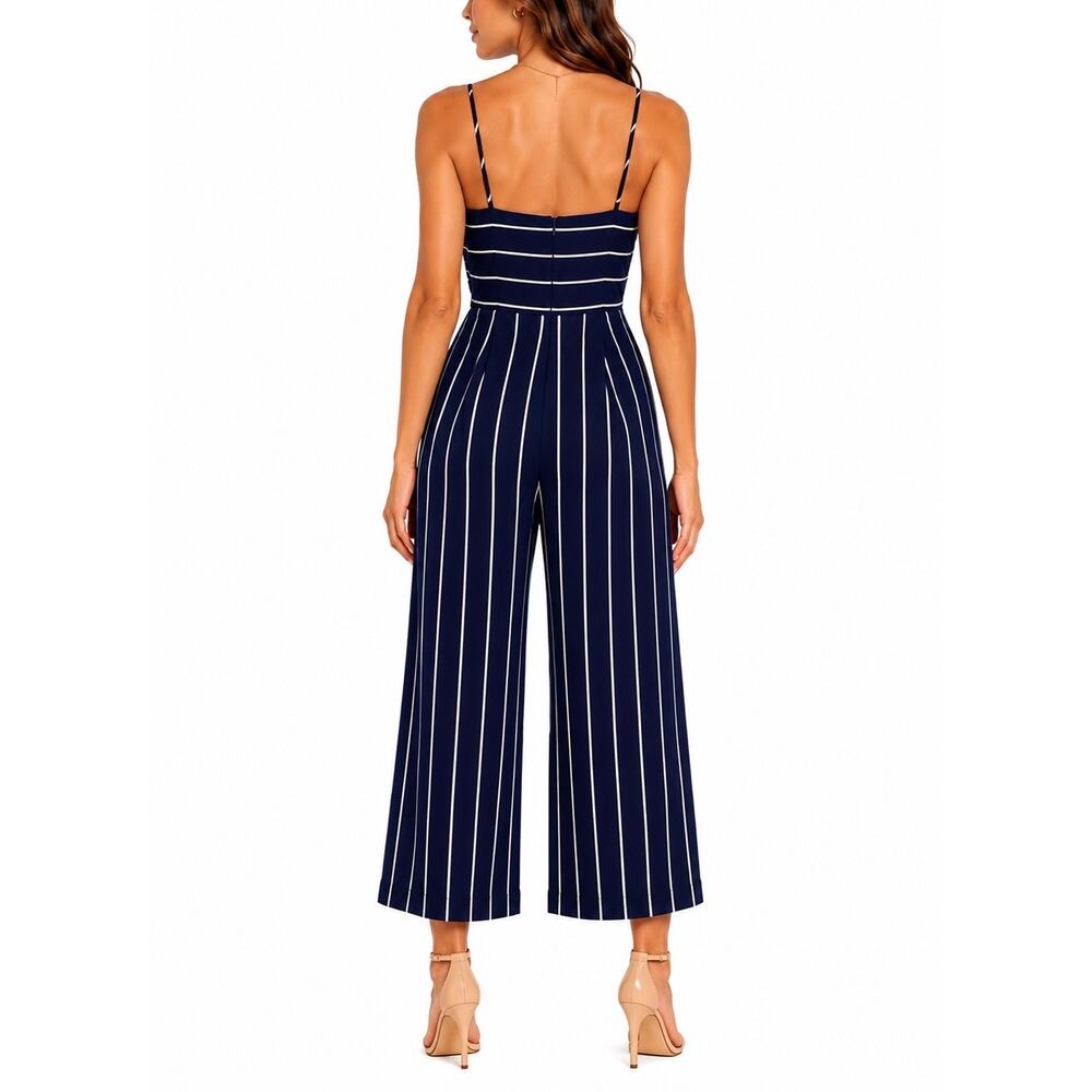 Bardot Layla Navy White Striped Tie Front Wide Leg Jumpsuit Pockets Size 6/Small - Picture 2 of 12
